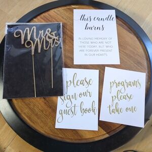 Mr. & Mrs Cake Topper Gold Metal Bridal Wedding Shower Engagement & Cards Bundle